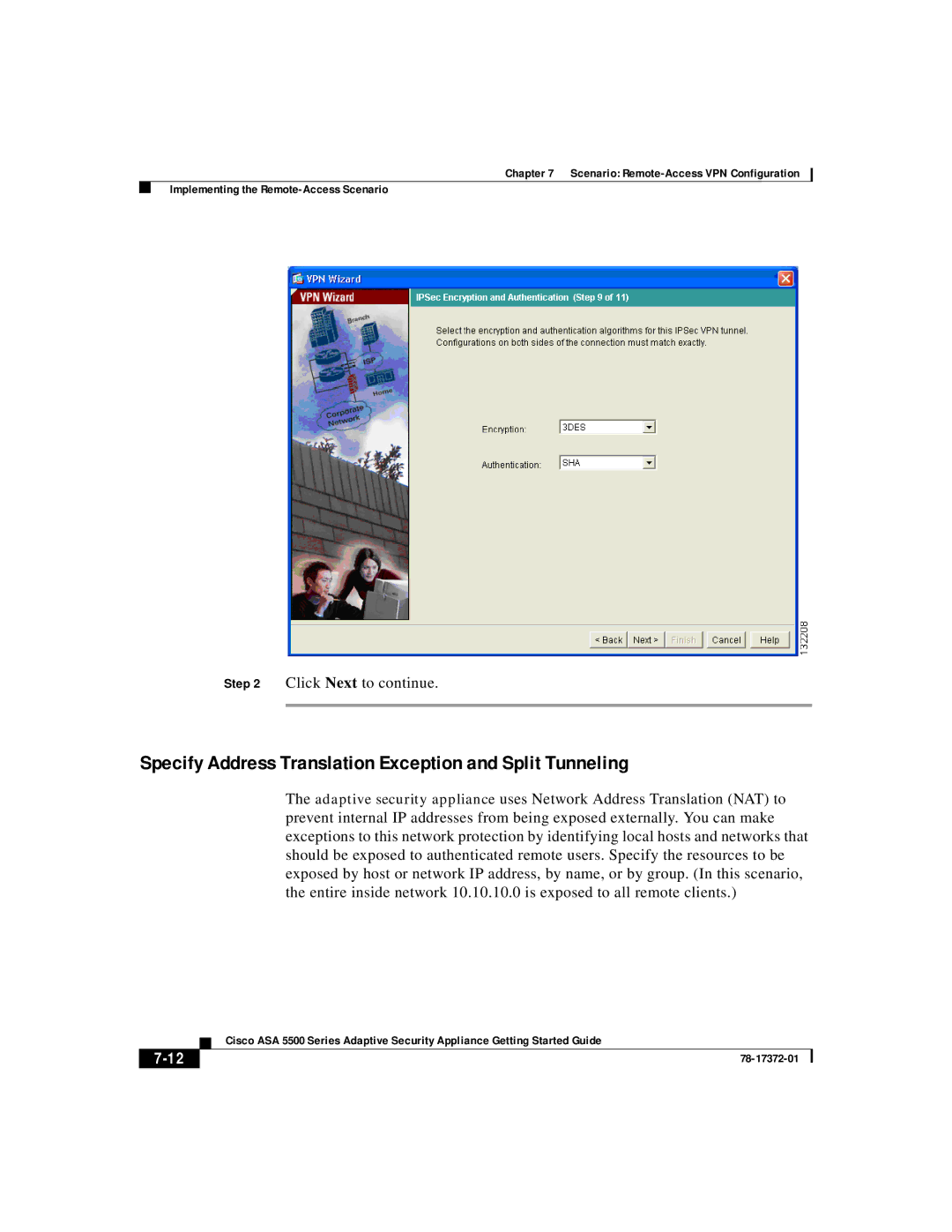 Cisco Systems ASA 5500 manual Specify Address Translation Exception and Split Tunneling 