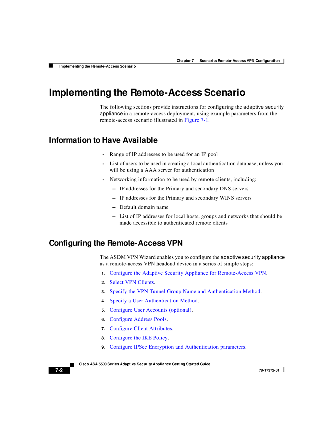 Cisco Systems ASA 5500 manual Implementing the Remote-Access Scenario 