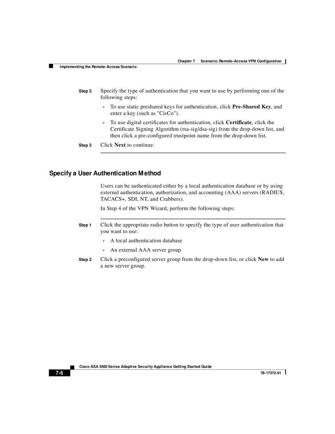 Cisco Systems ASA 5500 manual Specify a User Authentication Method 