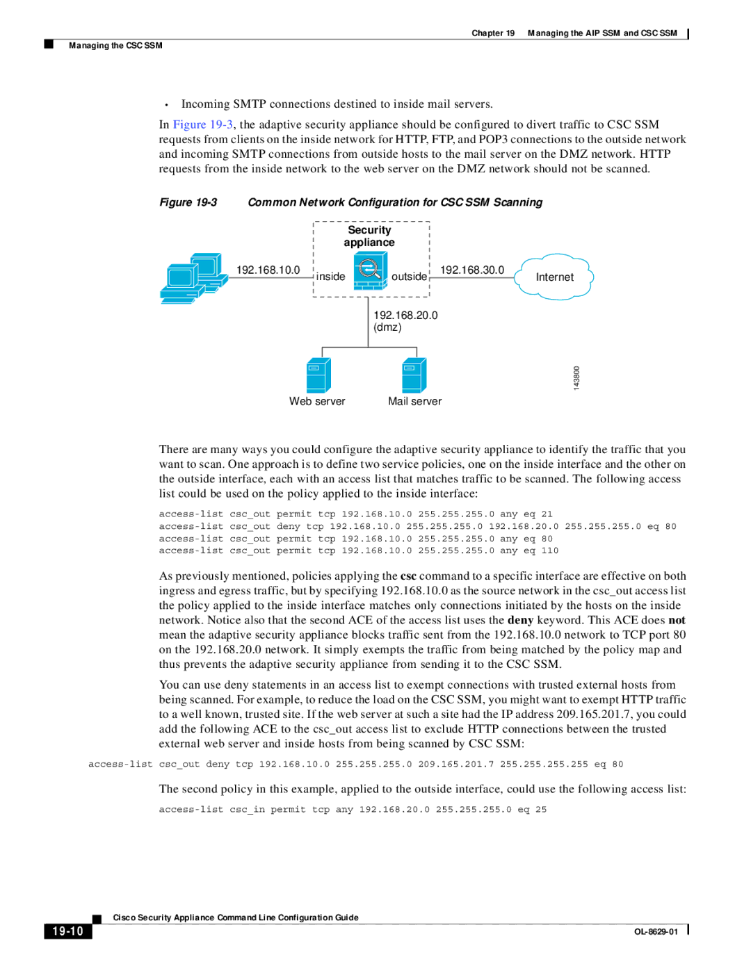 Cisco Systems ASA 5500 manual 19-10, Common Network Configuration for CSC SSM Scanning 