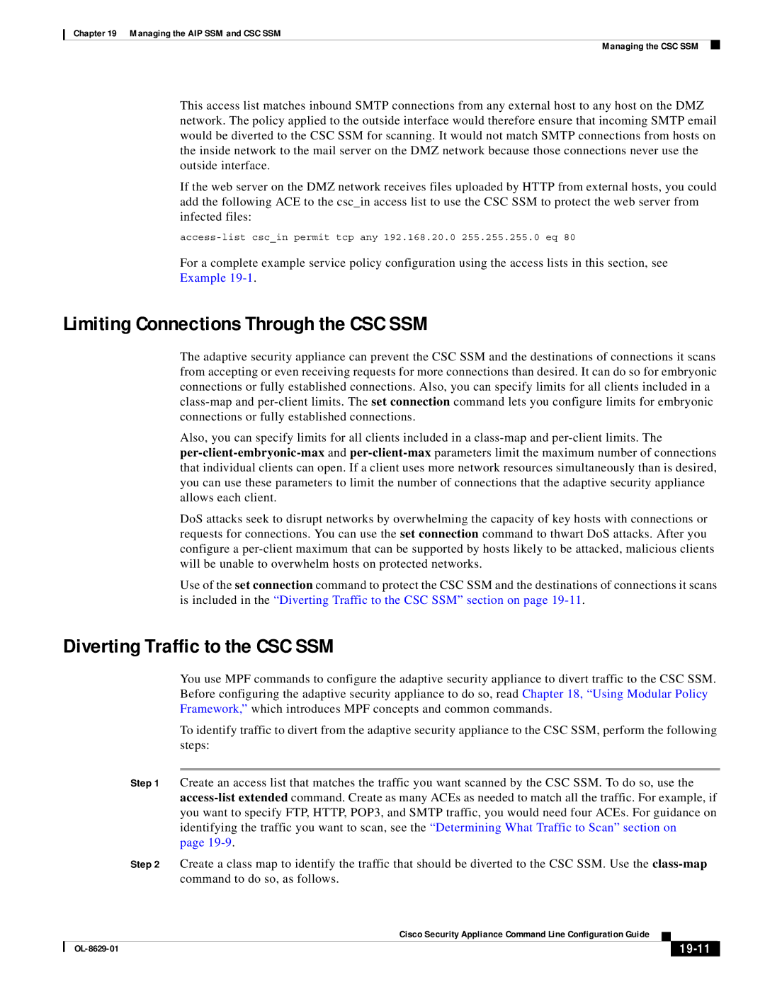 Cisco Systems ASA 5500 manual Limiting Connections Through the CSC SSM, Diverting Traffic to the CSC SSM, 19-11 