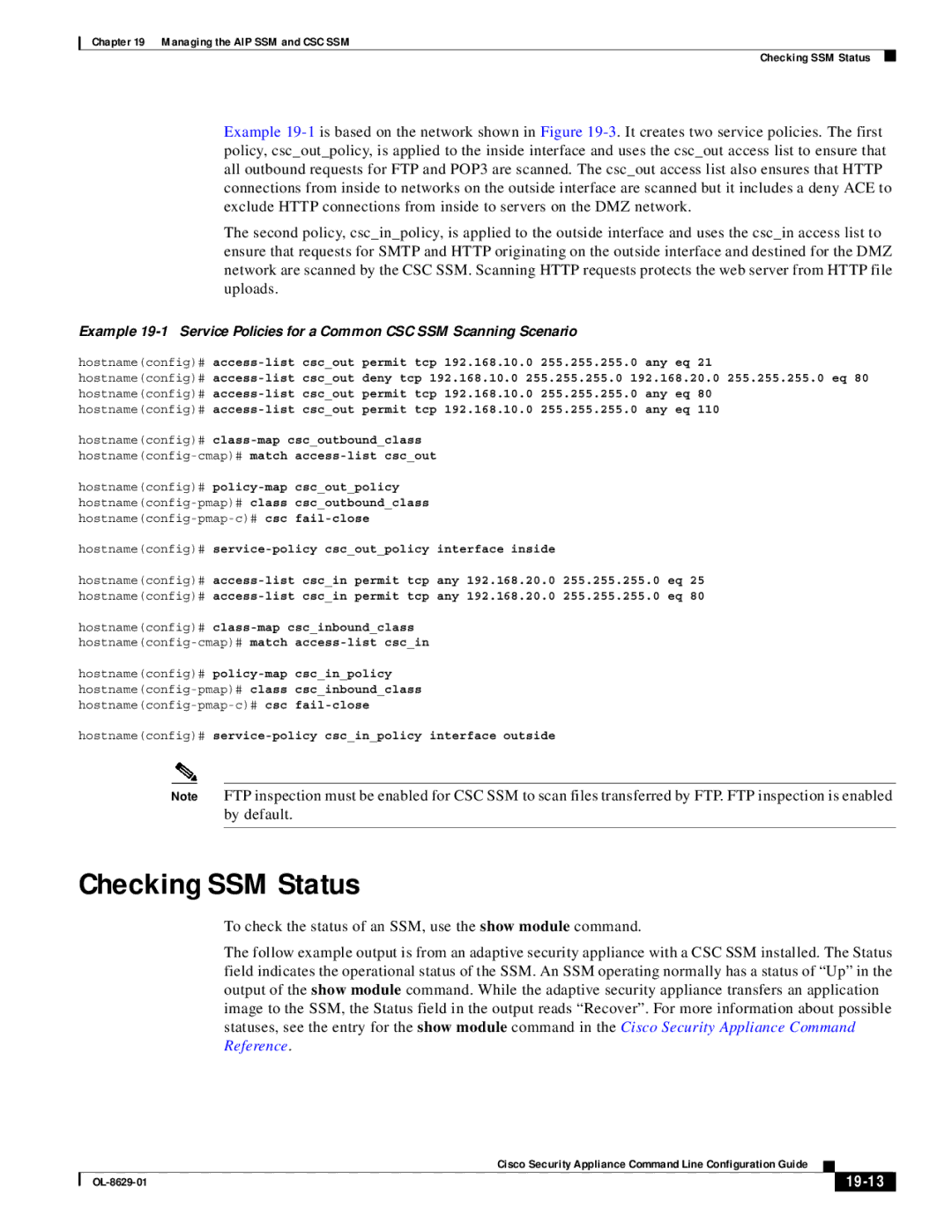 Cisco Systems ASA 5500 manual Checking SSM Status, 19-13 