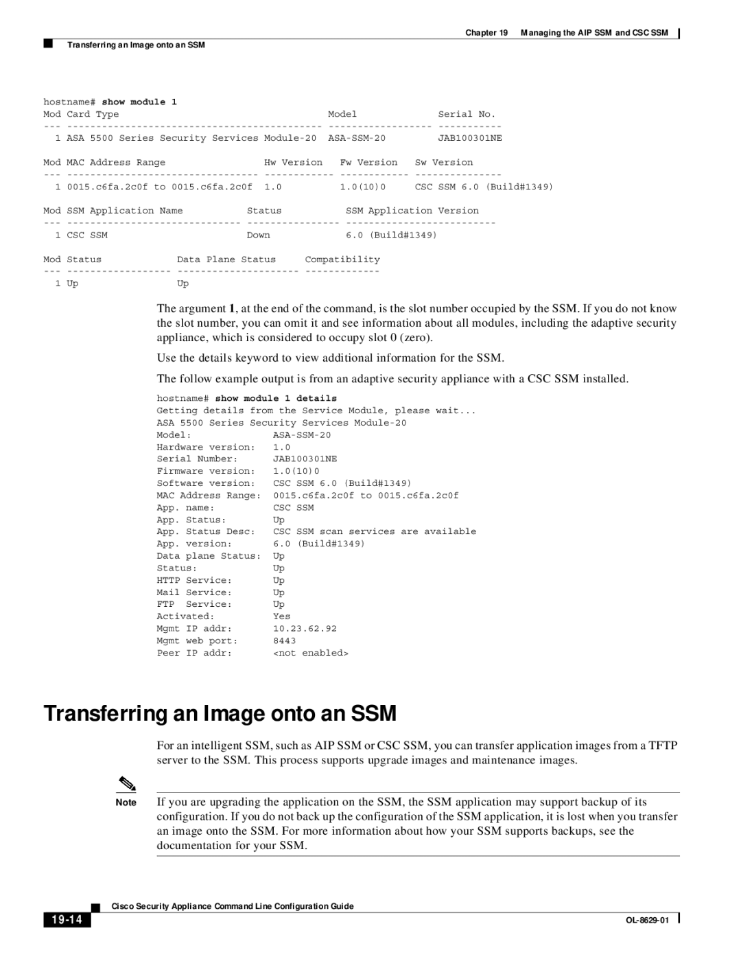 Cisco Systems ASA 5500 manual Transferring an Image onto an SSM, 19-14 