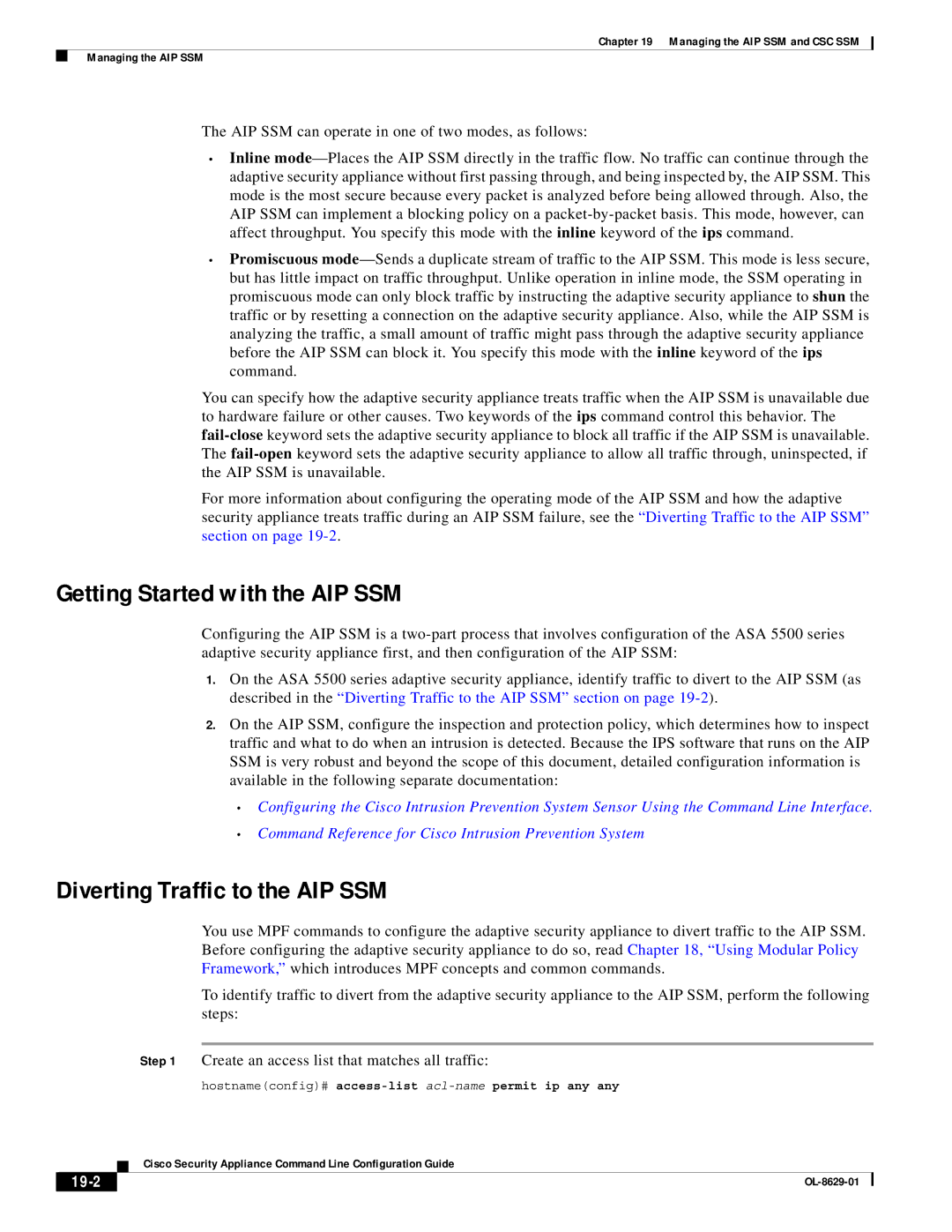 Cisco Systems ASA 5500 manual Getting Started with the AIP SSM, Diverting Traffic to the AIP SSM, 19-2 