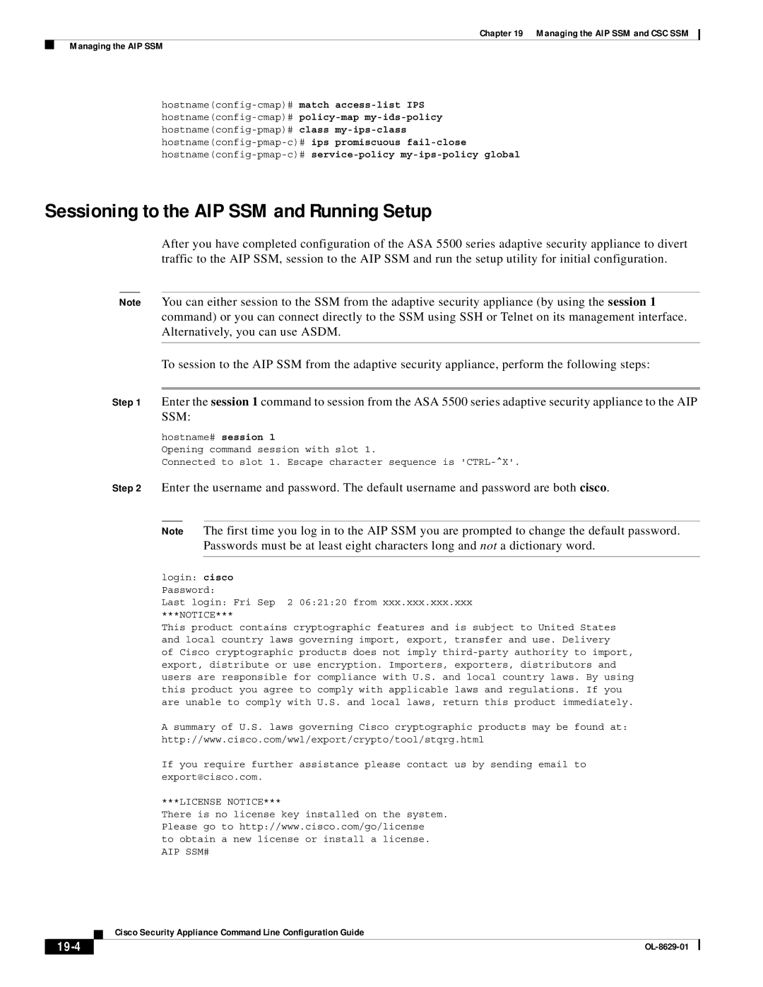 Cisco Systems ASA 5500 manual Sessioning to the AIP SSM and Running Setup, 19-4 