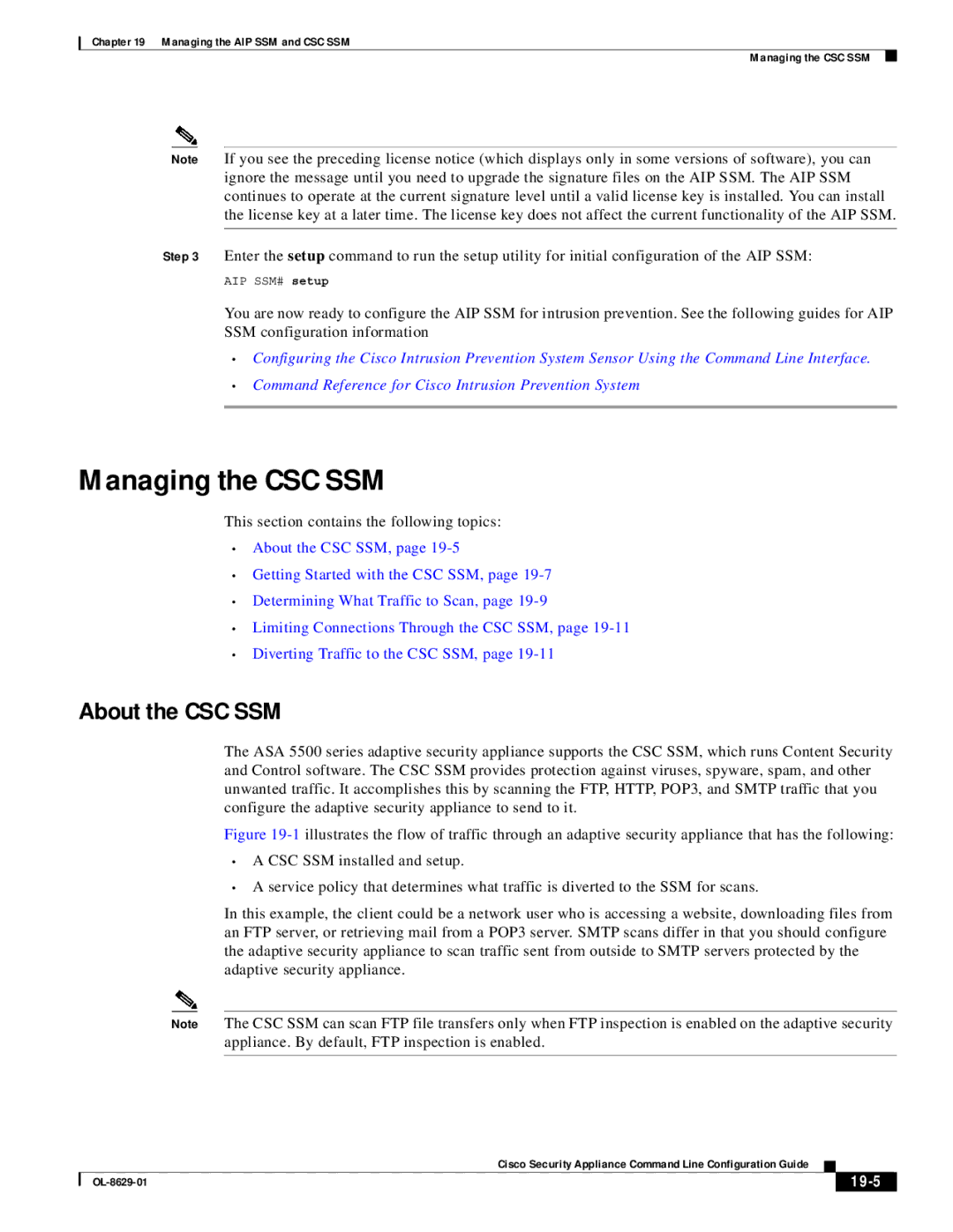 Cisco Systems ASA 5500 manual Managing the CSC SSM, About the CSC SSM, 19-5 