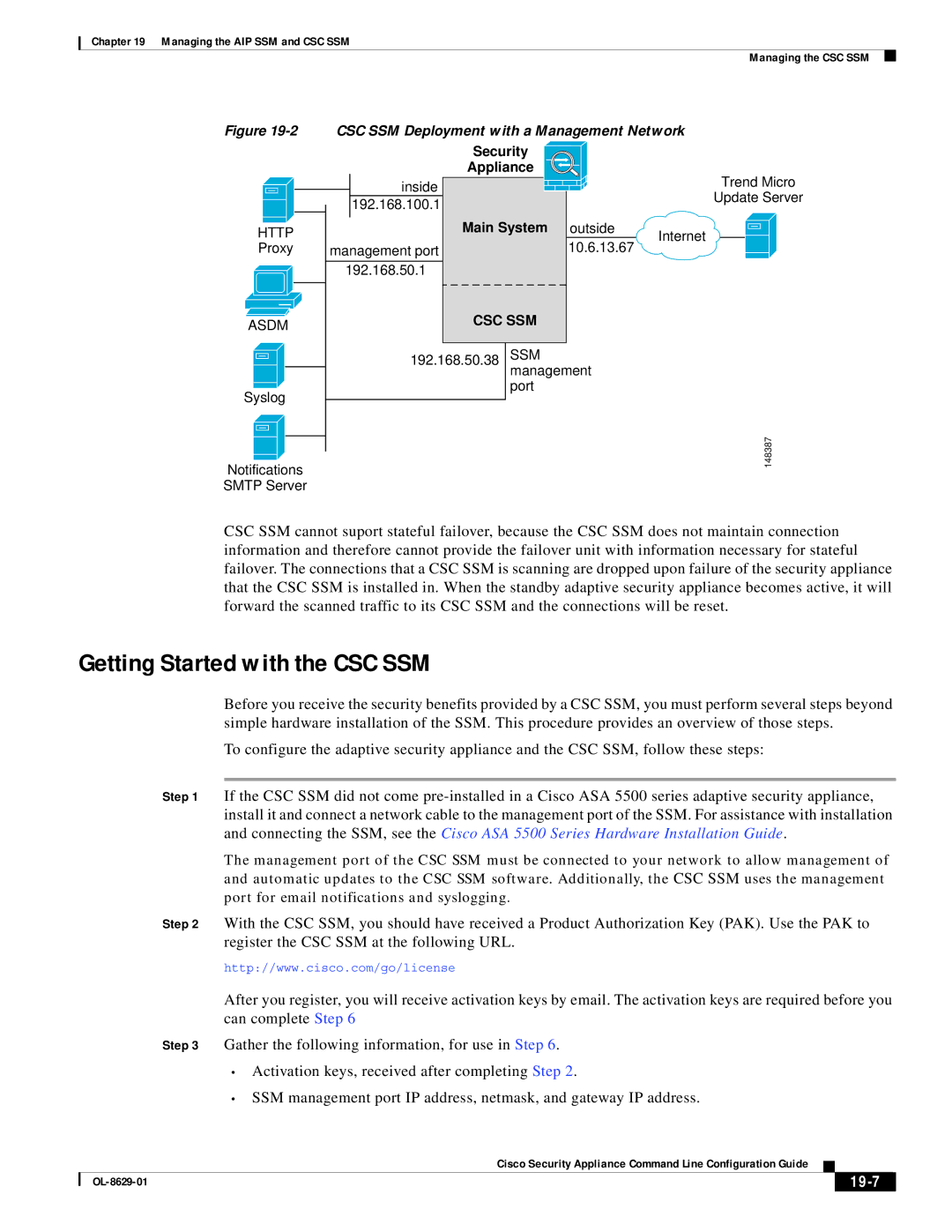 Cisco Systems ASA 5500 manual Getting Started with the CSC SSM, 19-7 