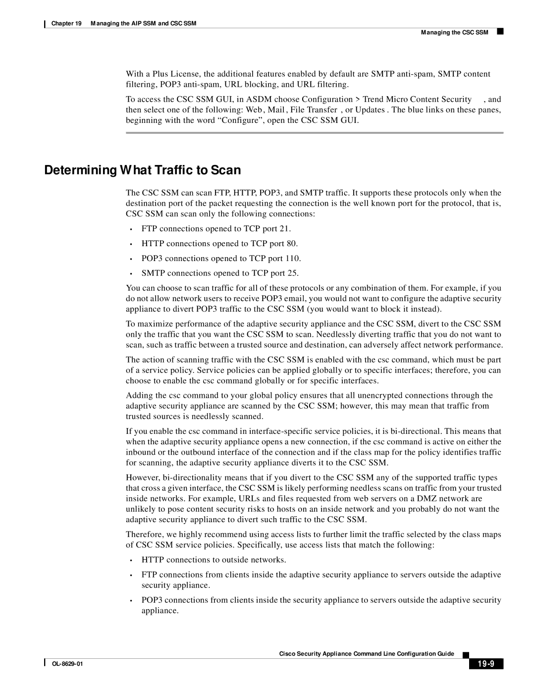 Cisco Systems ASA 5500 manual Determining What Traffic to Scan, 19-9 