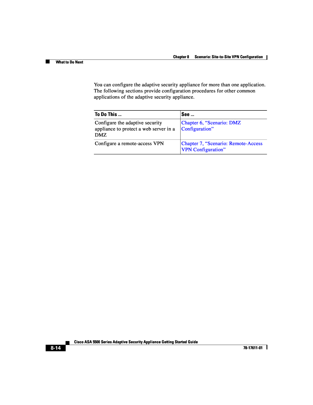 Cisco Systems ASA 5500 manual To Do This, “Scenario DMZ, “Scenario: Remote-Access, VPN Configuration”, 8-14 