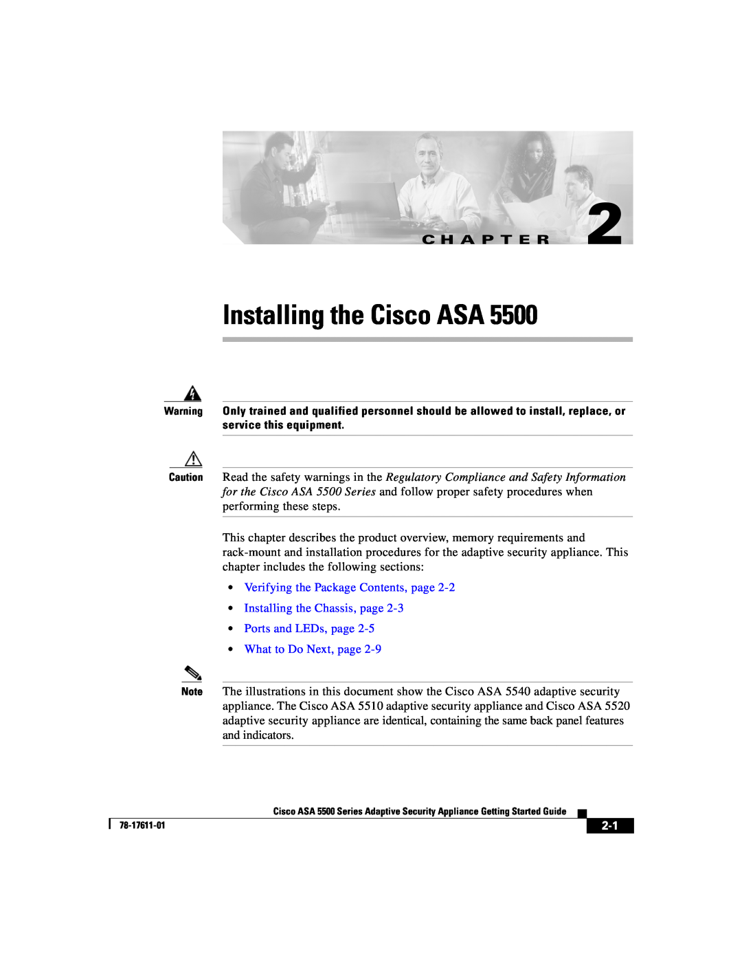 Cisco Systems ASA 5500 manual Installing the Cisco ASA, C H A P T E R, •Verifying the Package Contents, page 