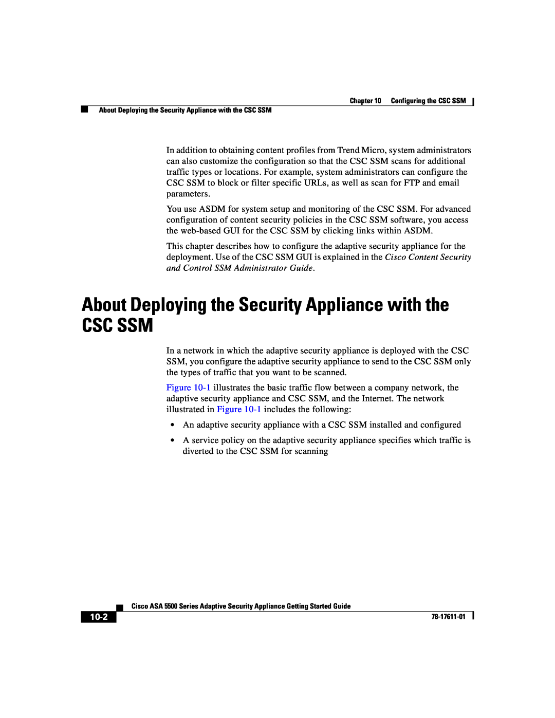 Cisco Systems ASA 5500 manual Csc Ssm, About Deploying the Security Appliance with the, 10-2 