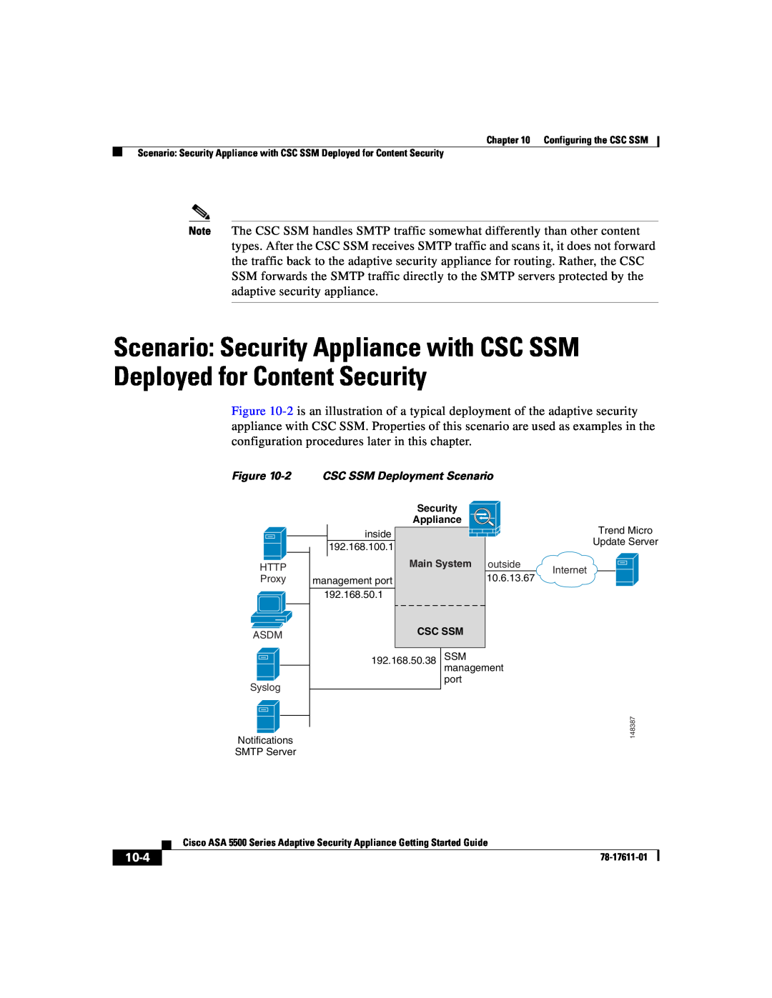 Cisco Systems ASA 5500 manual 10-4, 2CSC SSM Deployment Scenario, Configuring the CSC SSM, 78-17611-01 