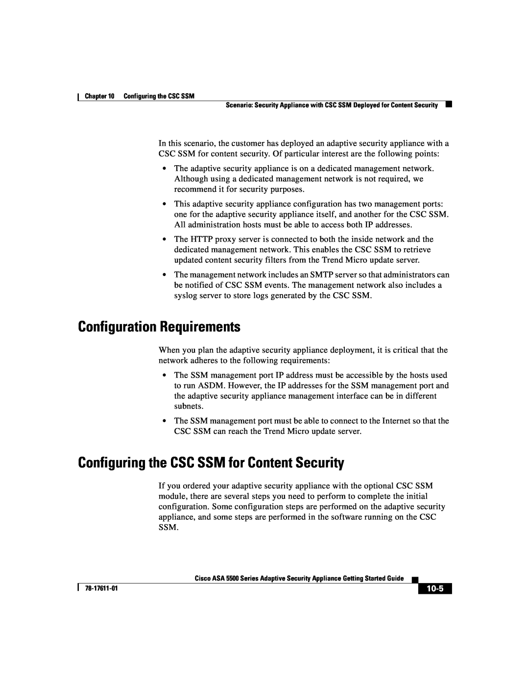 Cisco Systems ASA 5500 manual Configuring the CSC SSM for Content Security, Configuration Requirements, 10-5, 78-17611-01 