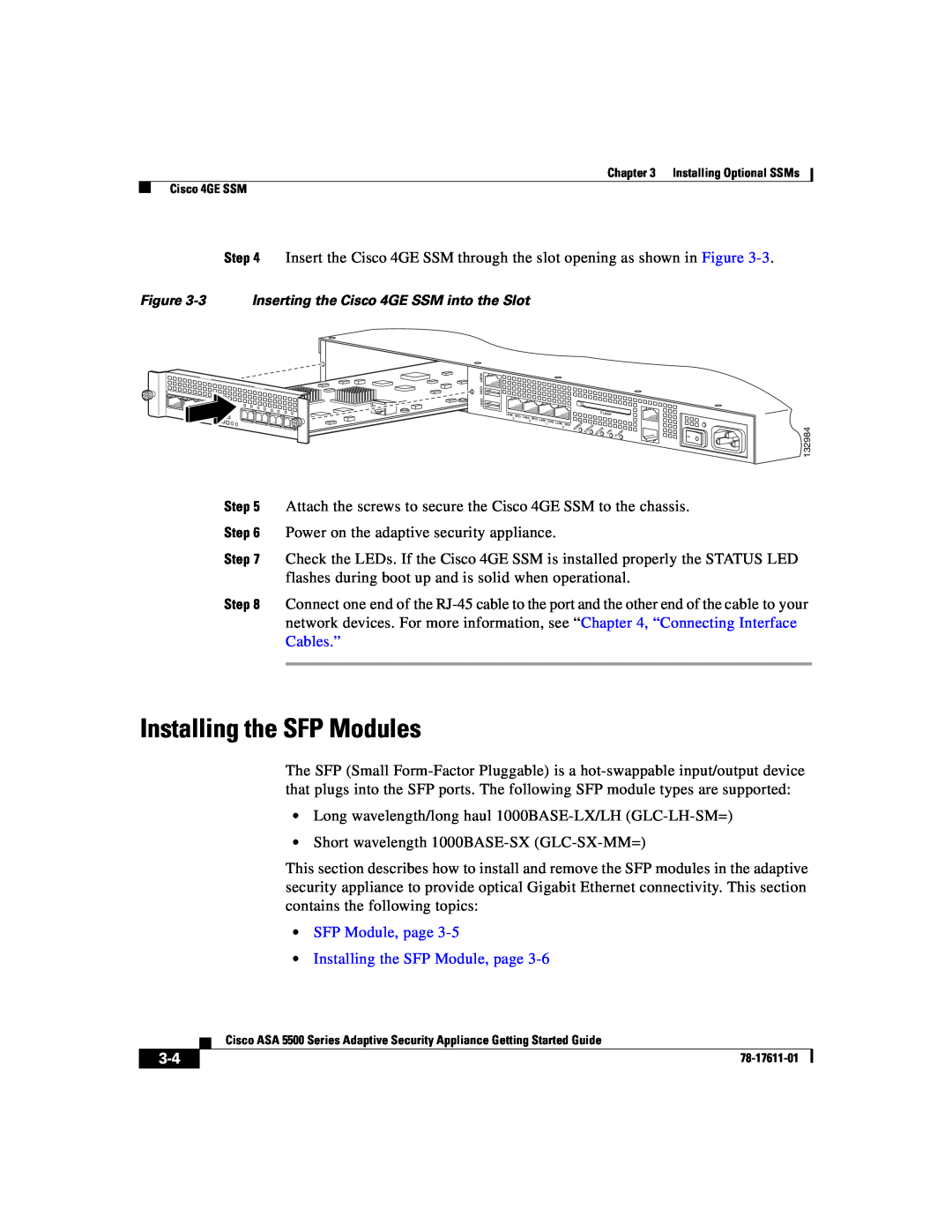 Cisco Systems ASA 5500 manual Installing the SFP Modules, •SFP Module, page, •Installing the SFP Module, page 
