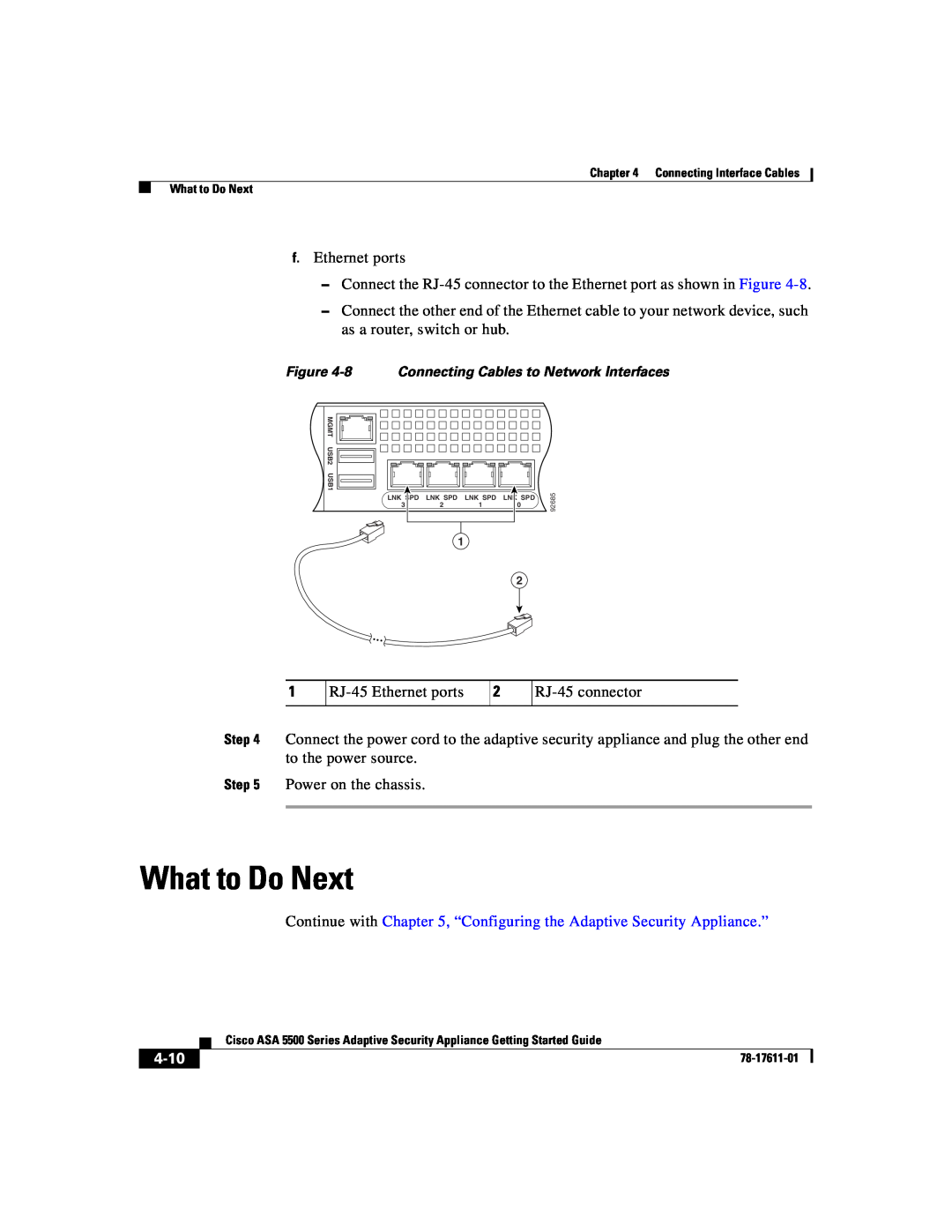 Cisco Systems ASA 5500 manual What to Do Next, f.Ethernet ports, 4-10 