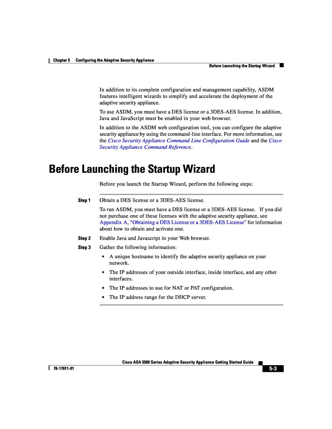 Cisco Systems ASA 5500 manual Before Launching the Startup Wizard 
