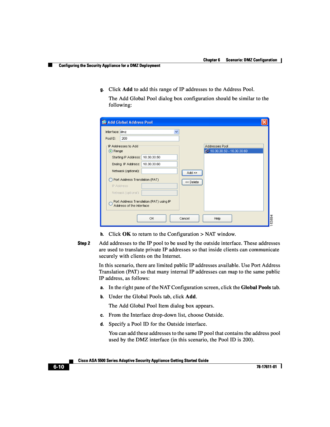 Cisco Systems ASA 5500 manual b.Under the Global Pools tab, click Add, 6-10 