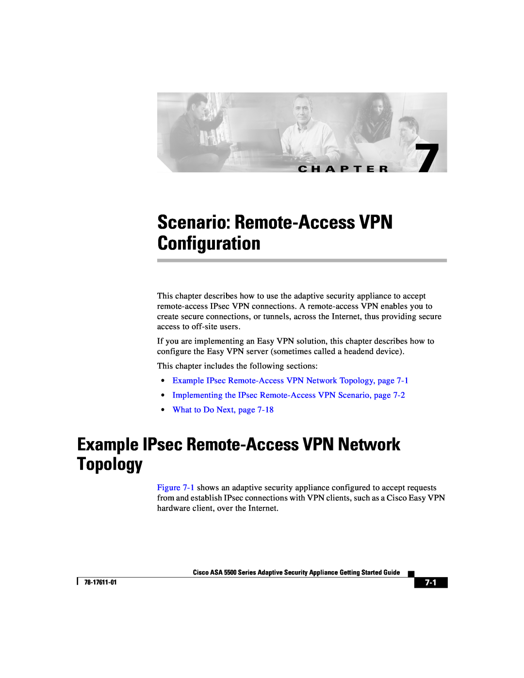 Cisco Systems ASA 5500 manual Scenario: Remote-AccessVPN Configuration, Example IPsec Remote-AccessVPN Network Topology 