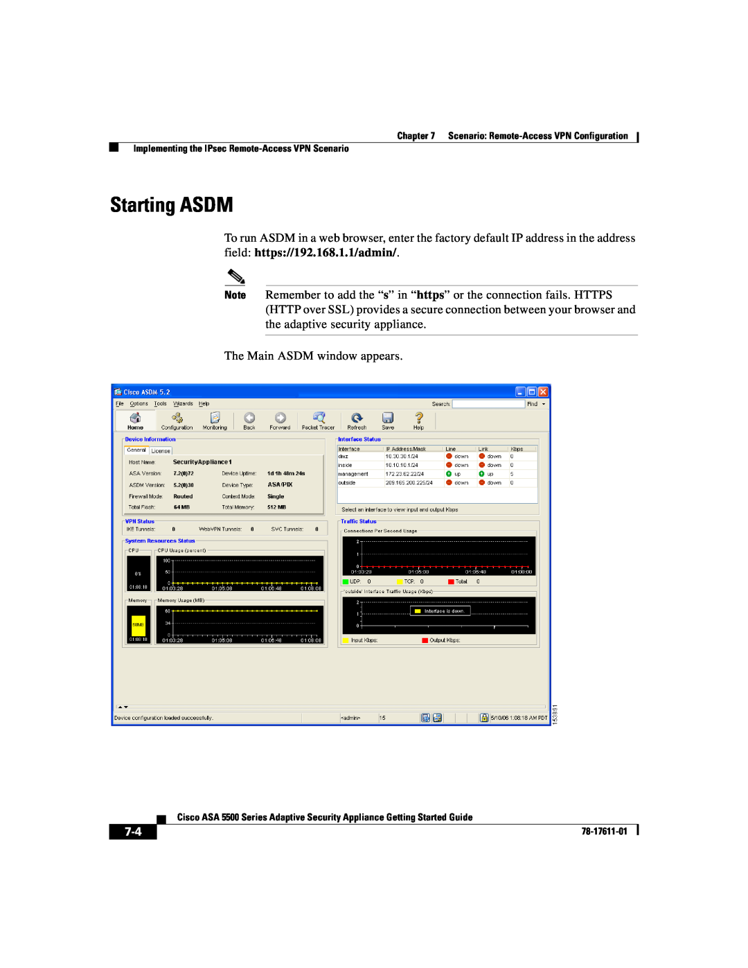 Cisco Systems ASA 5500 manual Starting ASDM, The Main ASDM window appears 