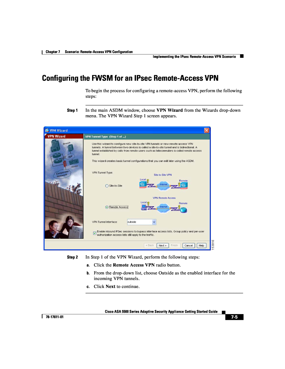 Cisco Systems ASA 5500 manual a.Click the Remote Access VPN radio button 