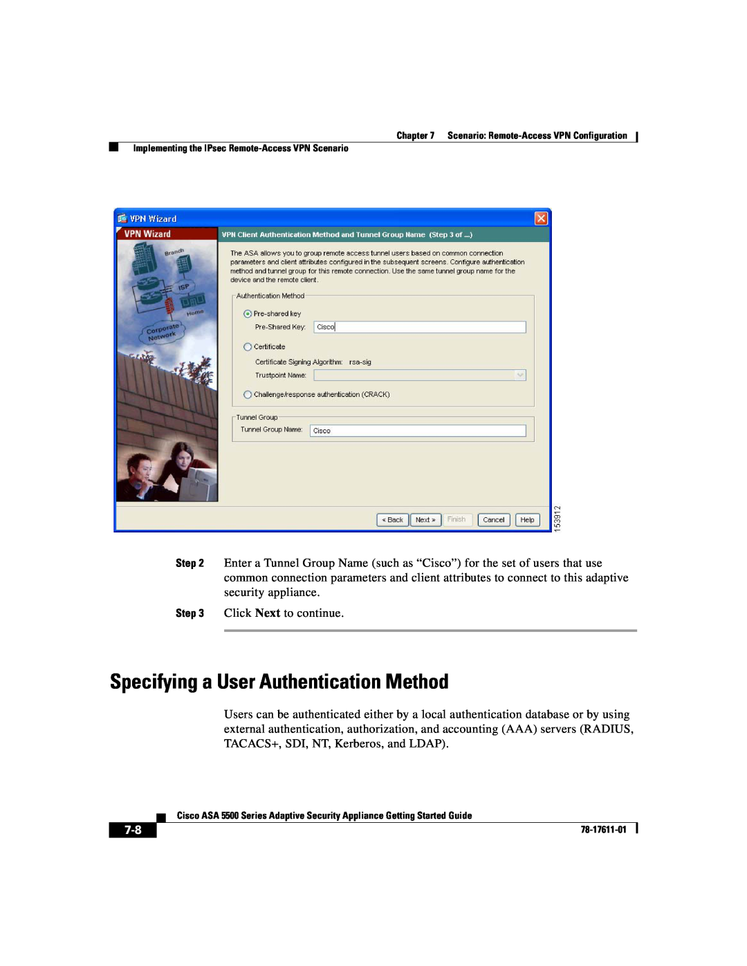 Cisco Systems ASA 5500 manual Specifying a User Authentication Method 
