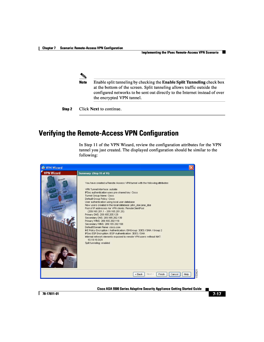 Cisco Systems ASA 5500 manual Verifying the Remote-AccessVPN Configuration, 7-17 