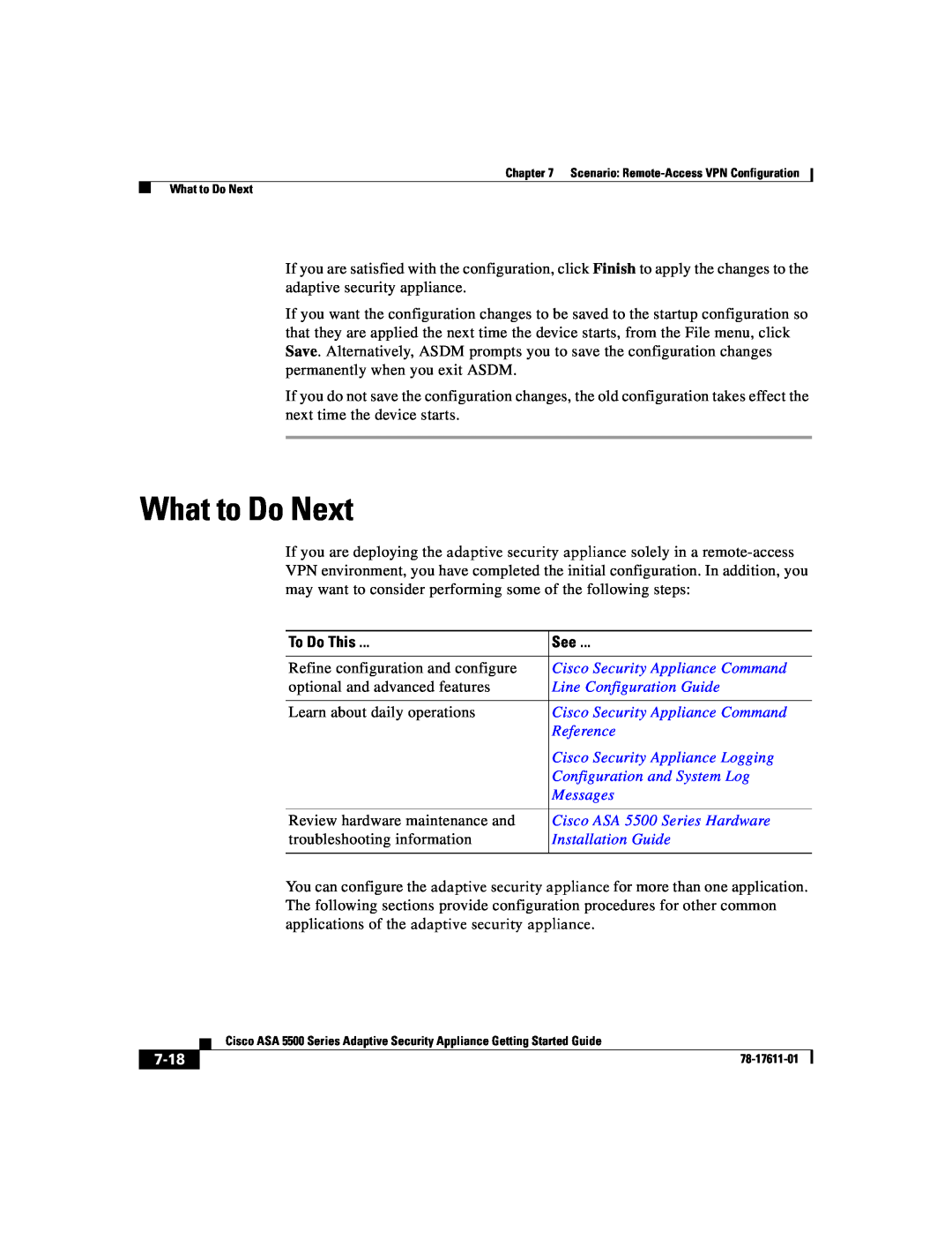 Cisco Systems ASA 5500 manual What to Do Next, To Do This, 7-18 
