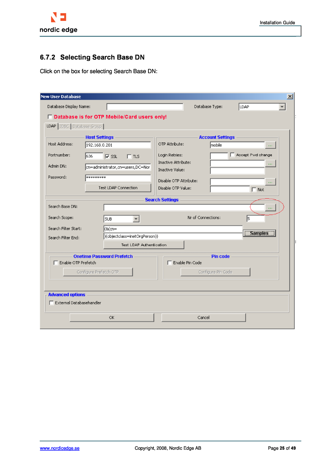 Cisco Systems ASA 5500 manual Selecting Search Base DN, Click on the box for selecting Search Base DN, Installation Guide 