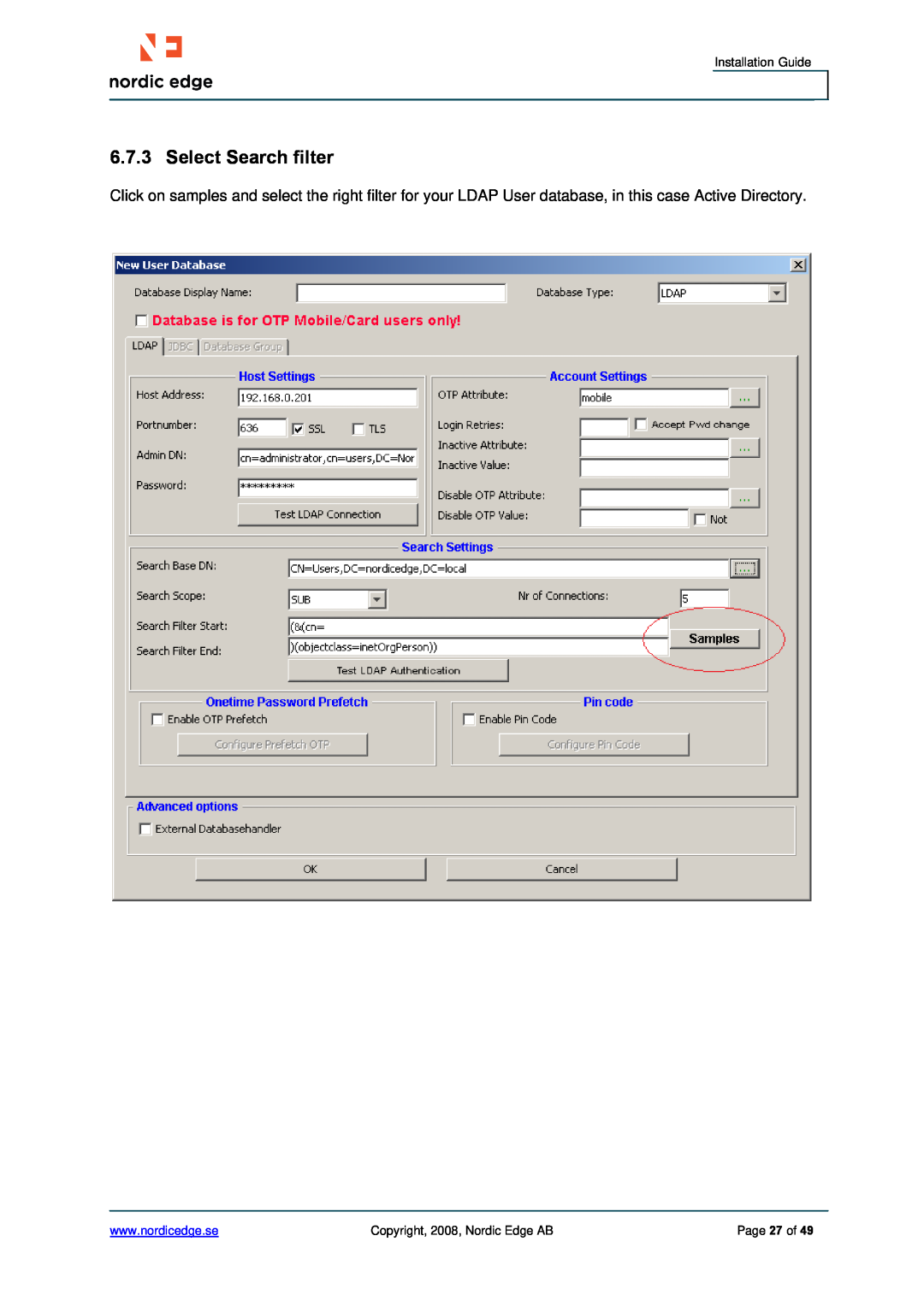 Cisco Systems ASA 5500 manual Select Search filter, Installation Guide, Copyright, 2008, Nordic Edge AB, Page 27 of 