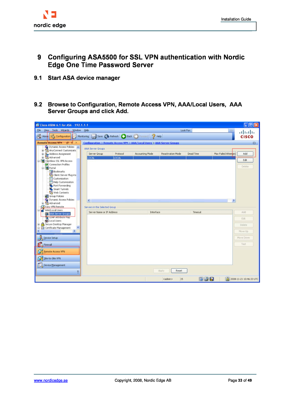 Cisco Systems ASA 5500 manual 9.1Start ASA device manager, Installation Guide, Copyright, 2008, Nordic Edge AB, Page 33 of 