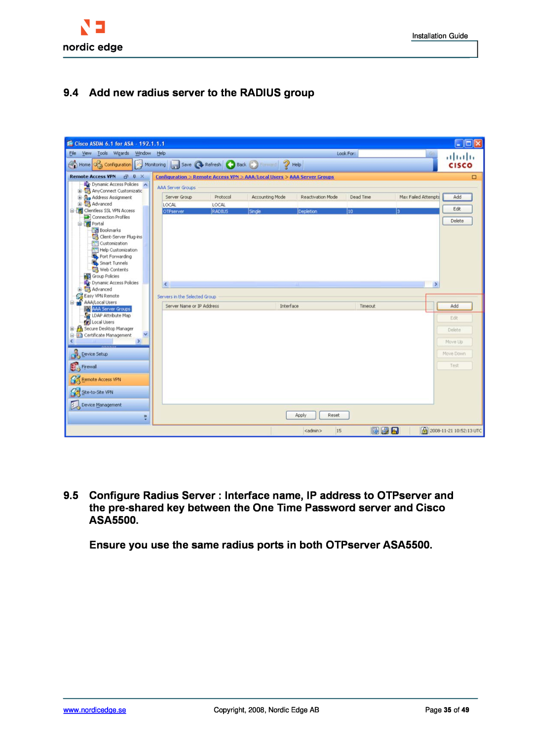 Cisco Systems ASA 5500 manual 9.4Add new radius server to the RADIUS group 