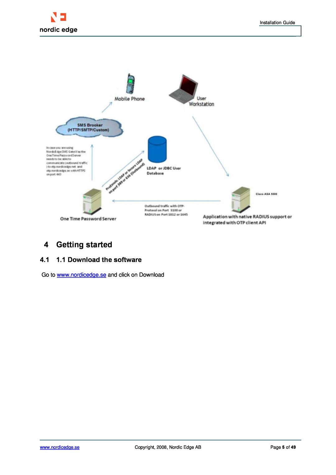 Cisco Systems ASA 5500 manual Getting started, Installation Guide, Copyright, 2008, Nordic Edge AB, Page 5 of 