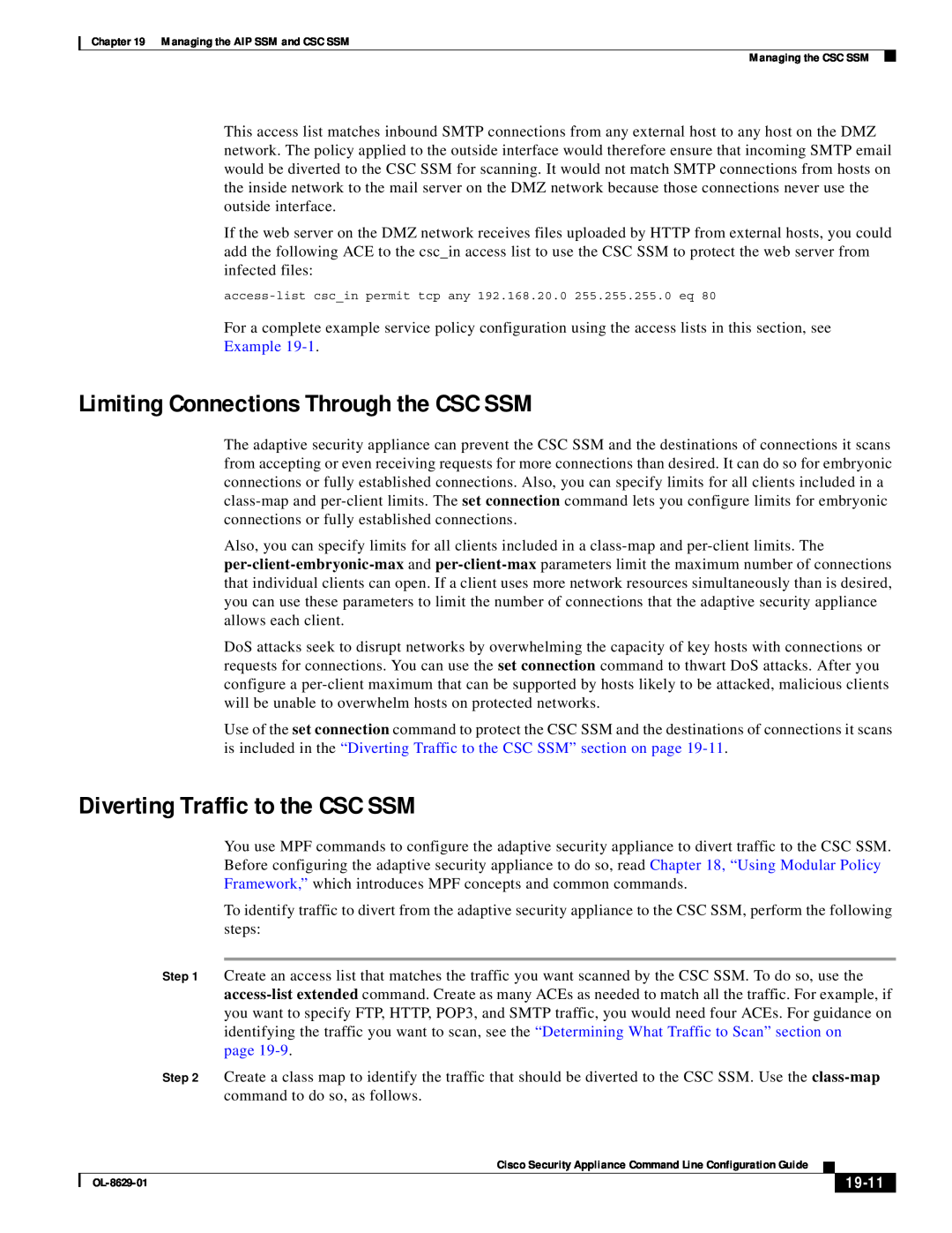 Cisco Systems ASA 5500 Limiting Connections Through the CSC SSM, Diverting Traffic to the CSC SSM, Example, page, 19-11 
