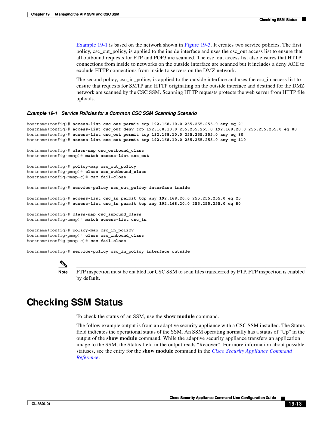 Cisco Systems ASA 5500 manual Checking SSM Status, 19-13, Managing the AIP SSM and CSC SSM, OL-8629-01 