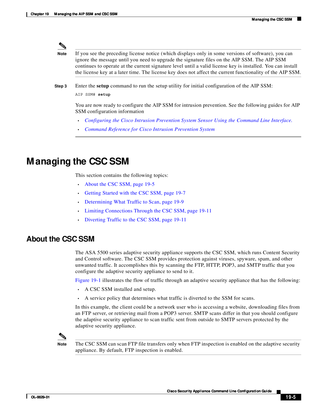 Cisco Systems ASA 5500 Managing the CSC SSM, •About the CSC SSM, page, •Getting Started with the CSC SSM, page, 19-5 