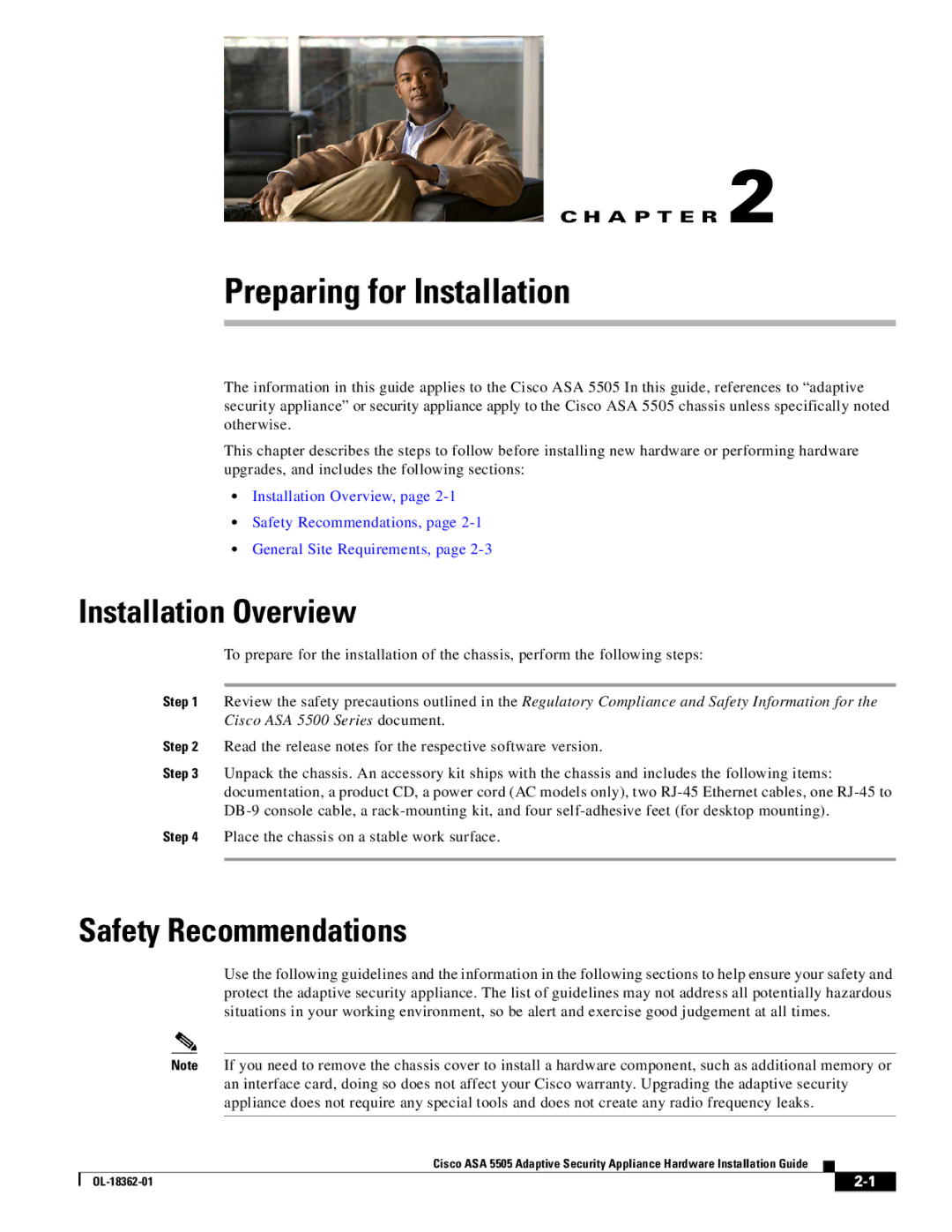 Cisco Systems ASA5505K8RF, ASA 5505, ASA5505BUNK9 Preparing for Installation, Installation Overview, Safety Recommendations 