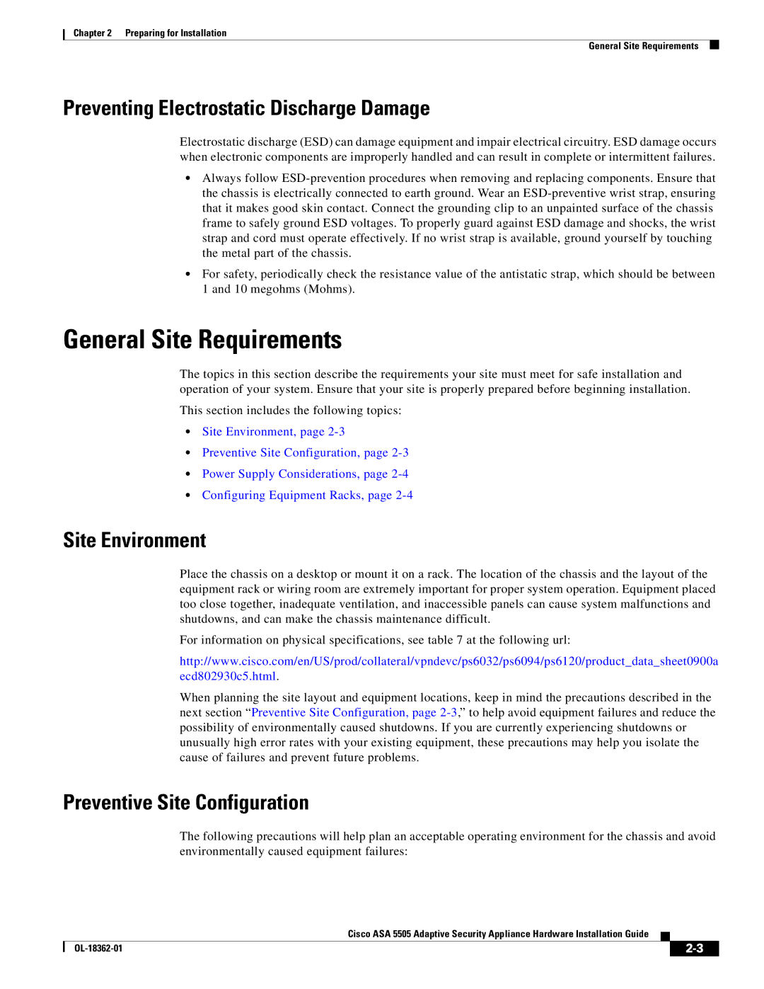 Cisco Systems ASA 5505BUNK9 manual General Site Requirements, Preventing Electrostatic Discharge Damage, Site Environment 