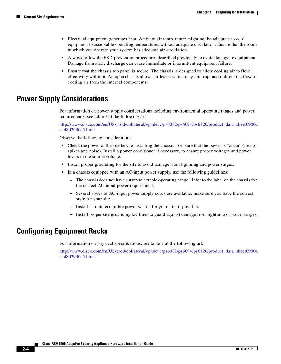 Cisco Systems ASA5505BUNK9, ASA 5505BUNK9, ASA5505K8RF manual Power Supply Considerations, Configuring Equipment Racks 