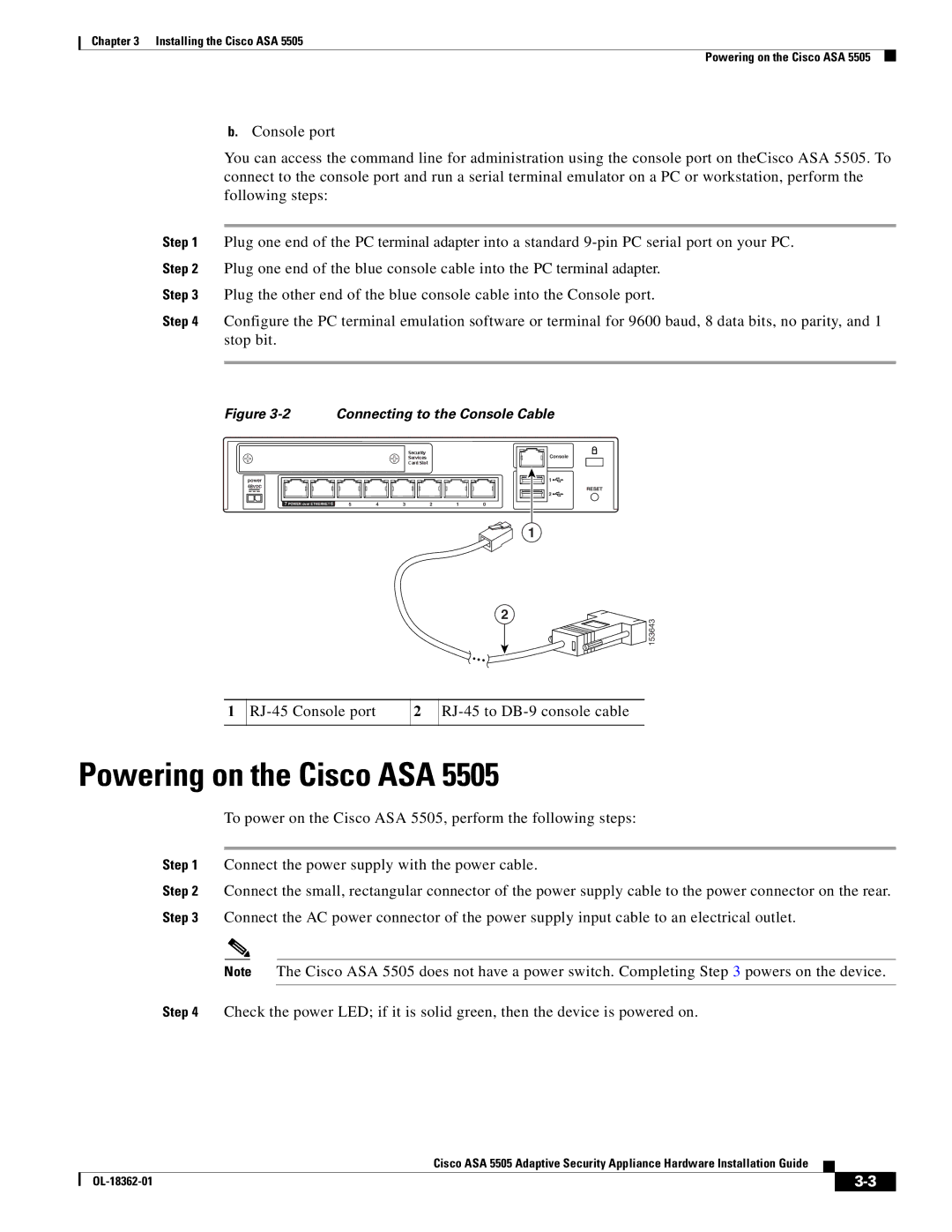 Cisco Systems ASA 5505BUNK9, ASA5505BUNK9 manual Powering on the Cisco ASA, RJ-45 Console port RJ-45 to DB-9 console cable 