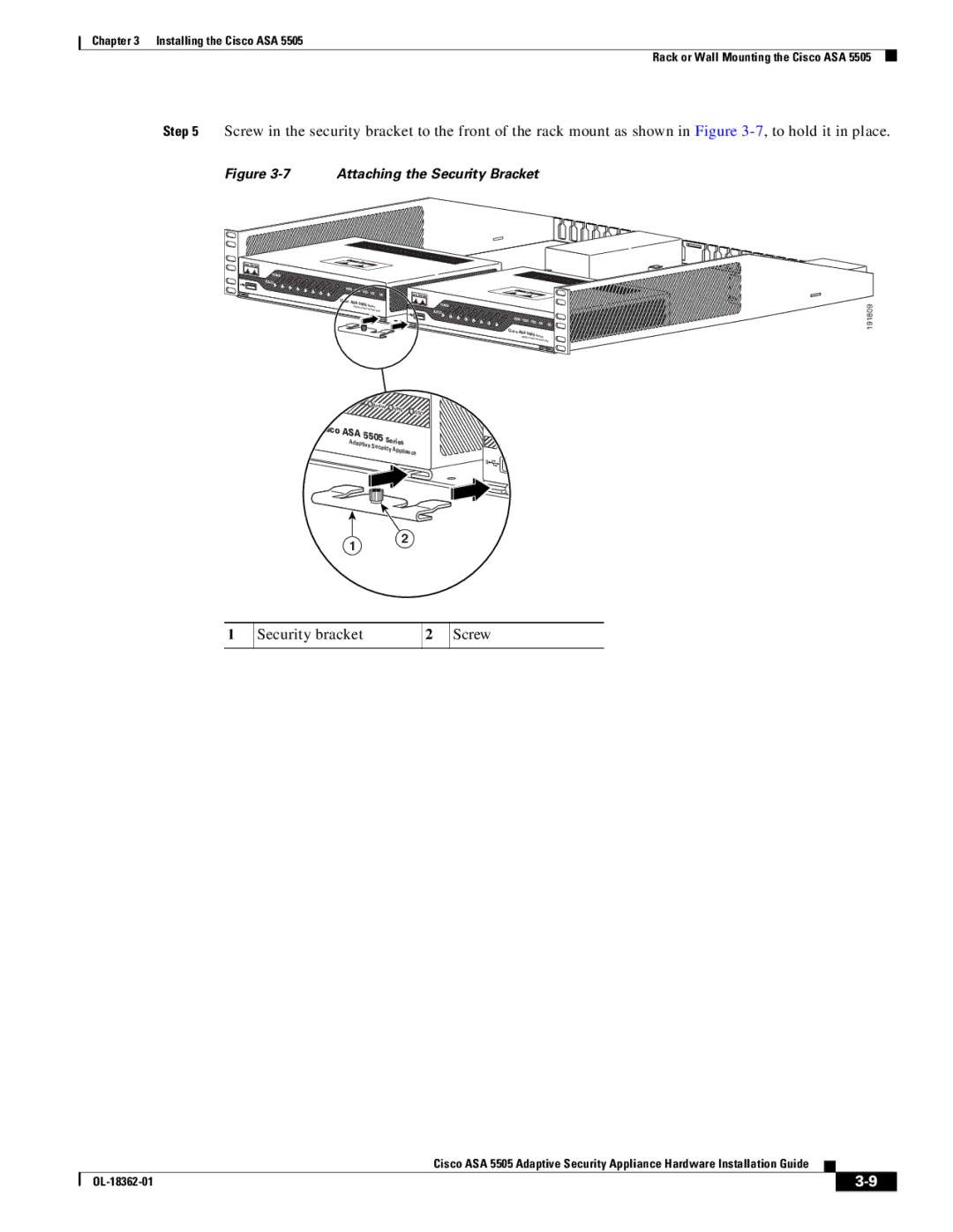 Cisco Systems ASA5505K8RF, ASA 5505BUNK9, ASA5505BUNK9 manual Security bracket Screw, Attaching the Security Bracket 