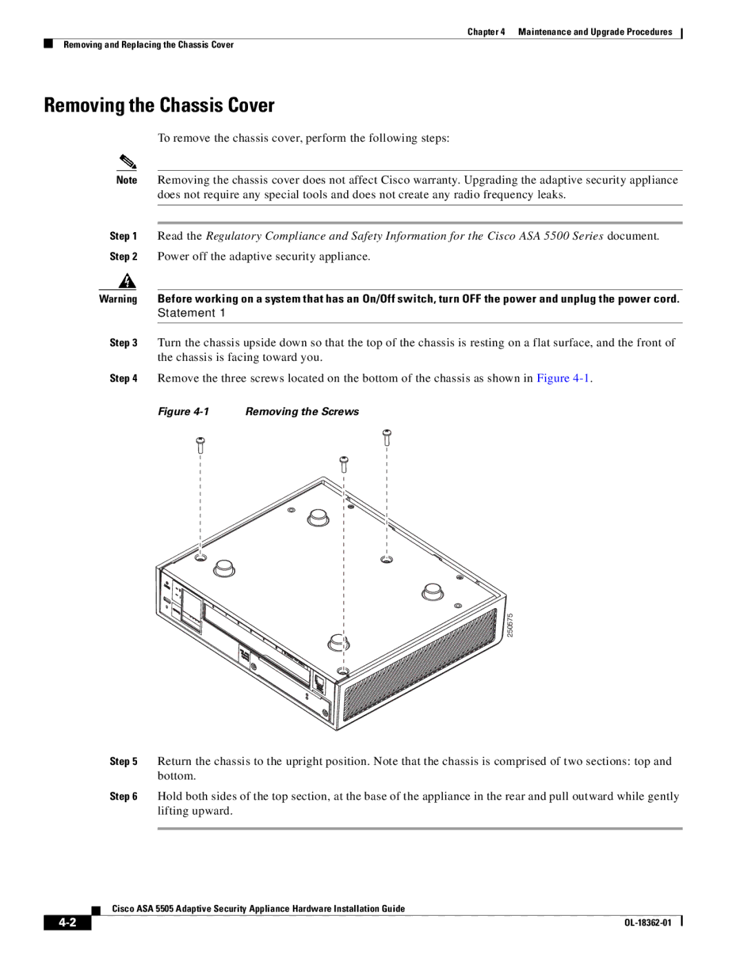 Cisco Systems ASA 5505BUNK9 manual Removing the Chassis Cover, To remove the chassis cover, perform the following steps 