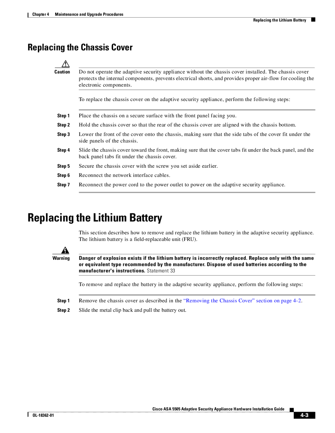 Cisco Systems ASA 5505BUNK9, ASA5505BUNK9, ASA5505K8RF manual Replacing the Lithium Battery, Replacing the Chassis Cover 