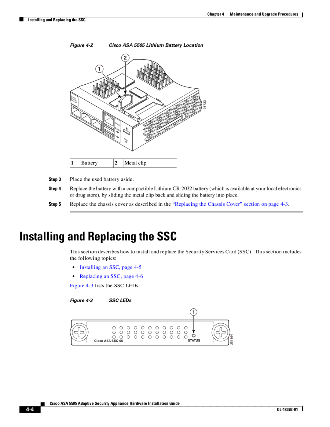 Cisco Systems ASA5505BUNK9, ASA 5505BUNK9, ASA5505K8RF manual Installing and Replacing the SSC, SSC LEDs 