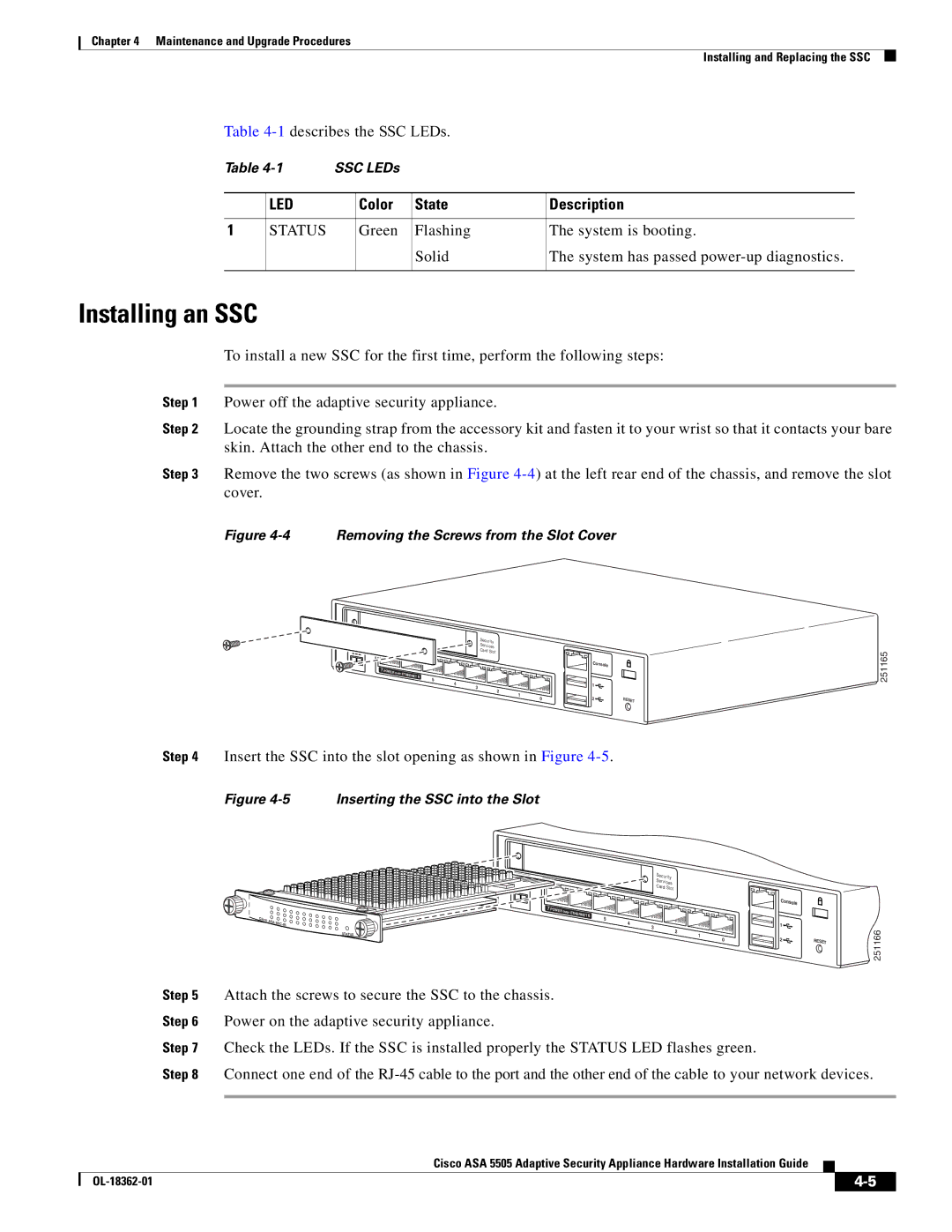 Cisco Systems ASA5505K8RF, ASA 5505BUNK9, ASA5505BUNK9 manual Installing an SSC, 1describes the SSC LEDs 