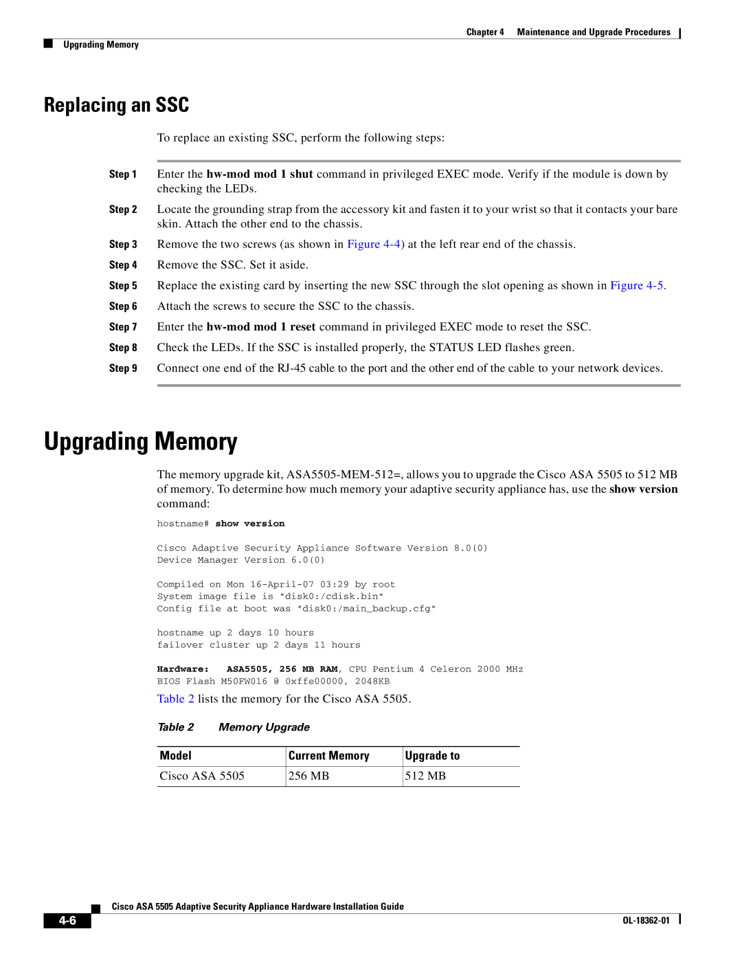 Cisco Systems ASA 5505 Upgrading Memory, Replacing an SSC, Lists the memory for the Cisco ASA, Cisco ASA 256 MB 512 MB 