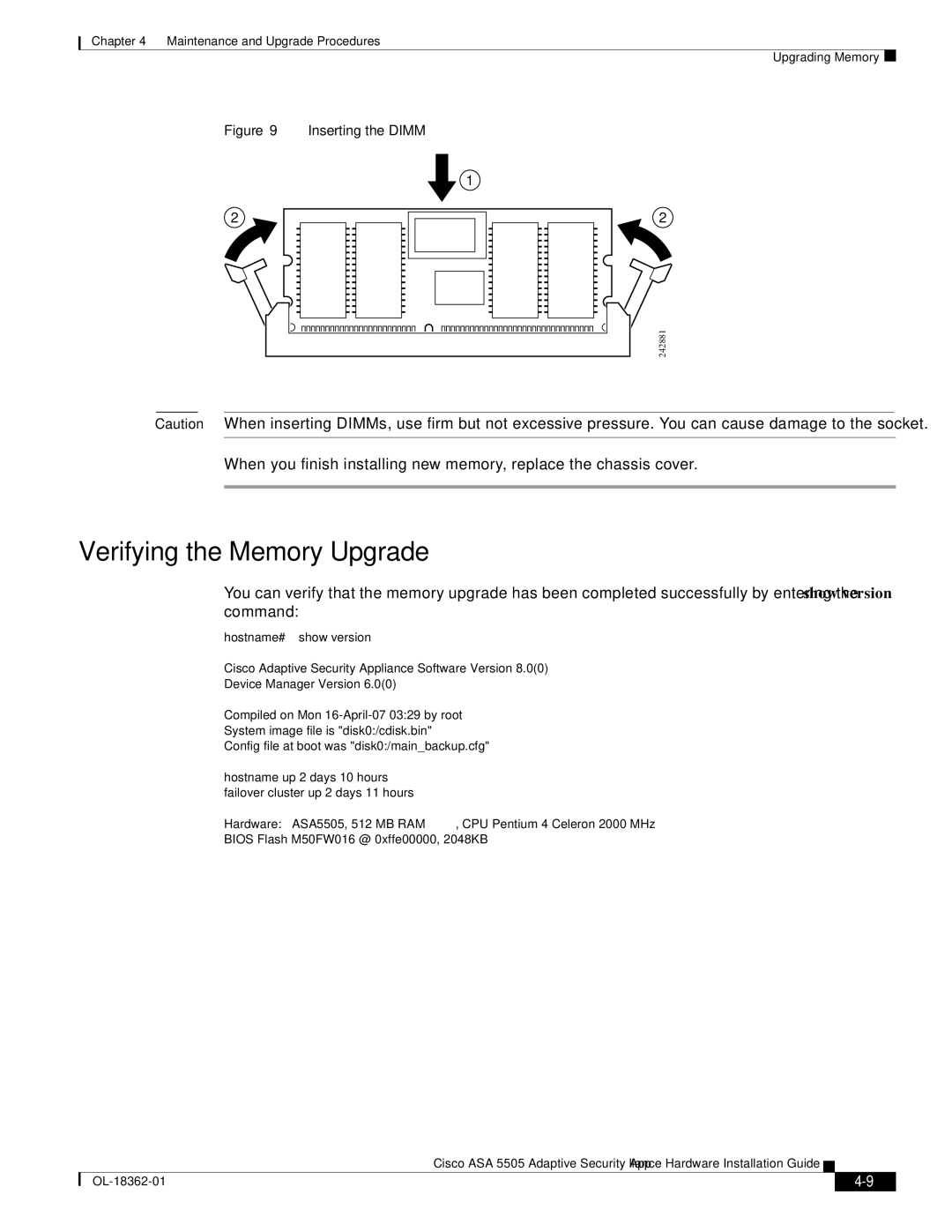 Cisco Systems ASA5505K8RF, ASA 5505BUNK9, ASA5505BUNK9 manual Verifying the Memory Upgrade, Inserting the Dimm 