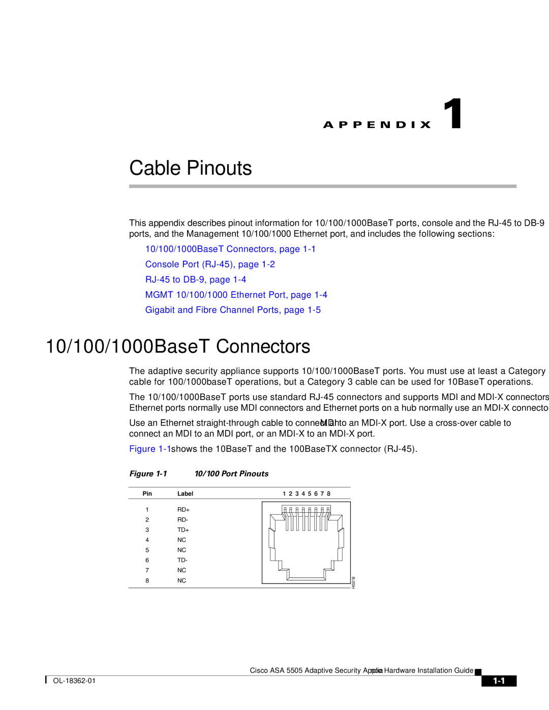 Cisco Systems ASA 5505BUNK9, ASA5505BUNK9, ASA5505K8RF manual Cable Pinouts, 10/100/1000BaseT Connectors 