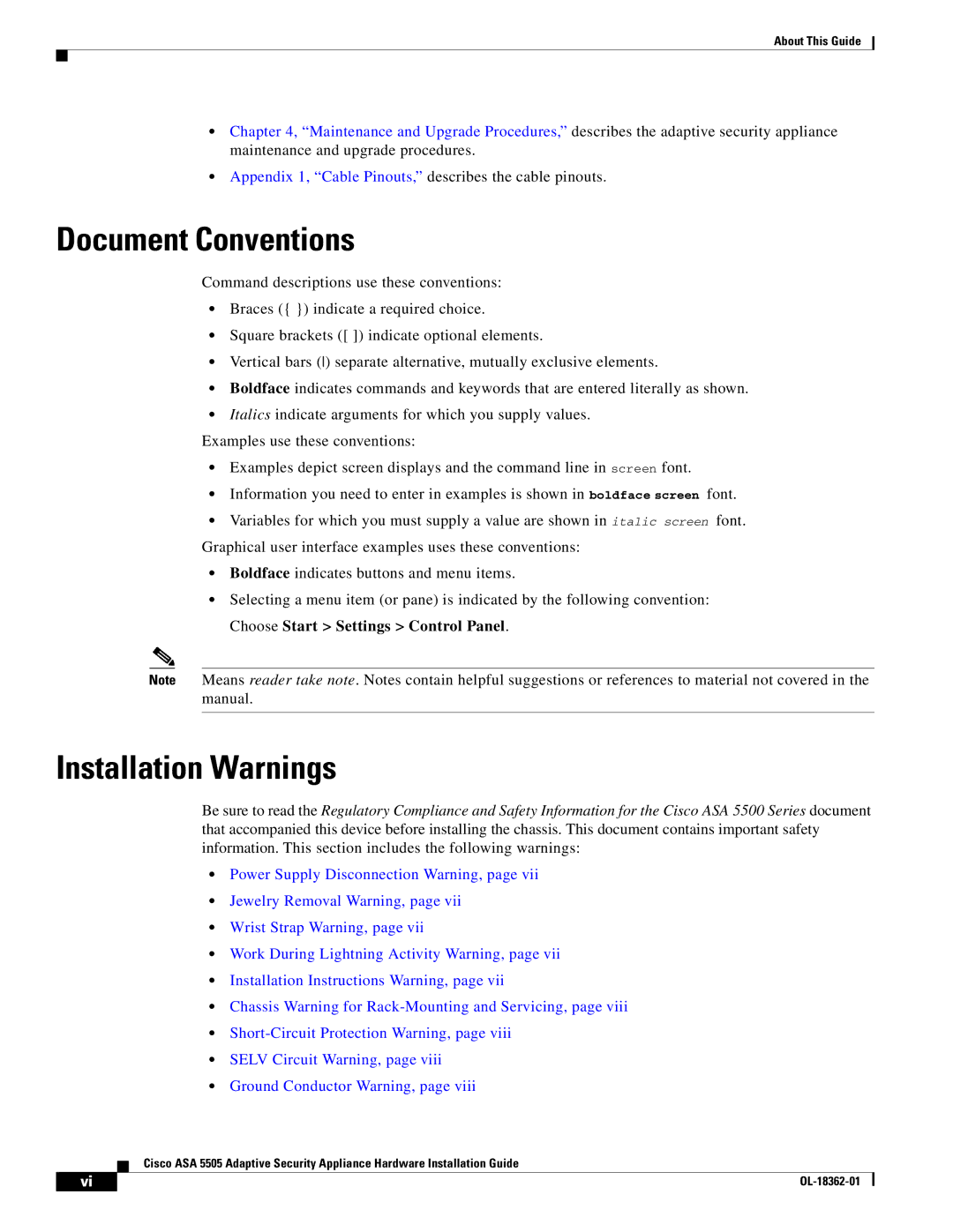 Cisco Systems ASA5505BUNK9, ASA 5505BUNK9, ASA5505K8RF manual Document Conventions, Installation Warnings 