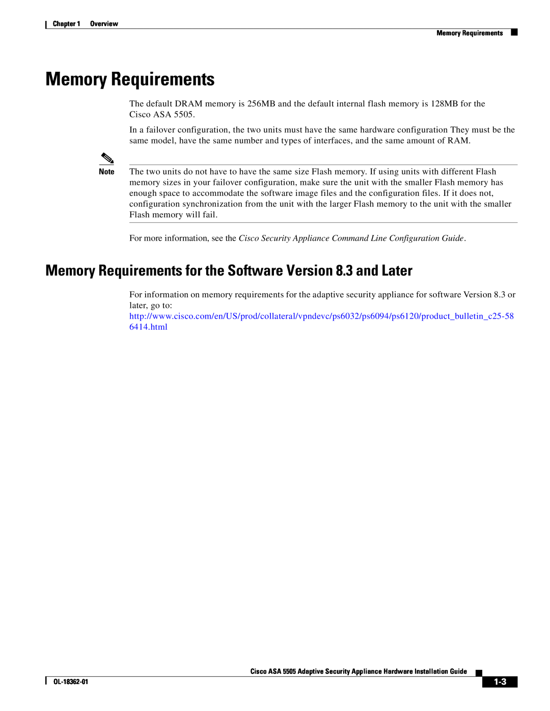 Cisco Systems ASA 5505BUNK9, ASA5505BUNK9, ASA5505K8RF manual Overview Memory Requirements, OL-18362-01 