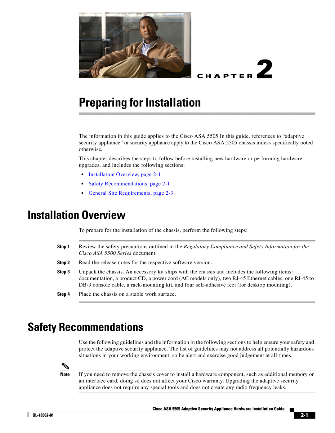 Cisco Systems ASA5505K8RF manual Preparing for Installation, Installation Overview, Safety Recommendations, C H A P T E R 
